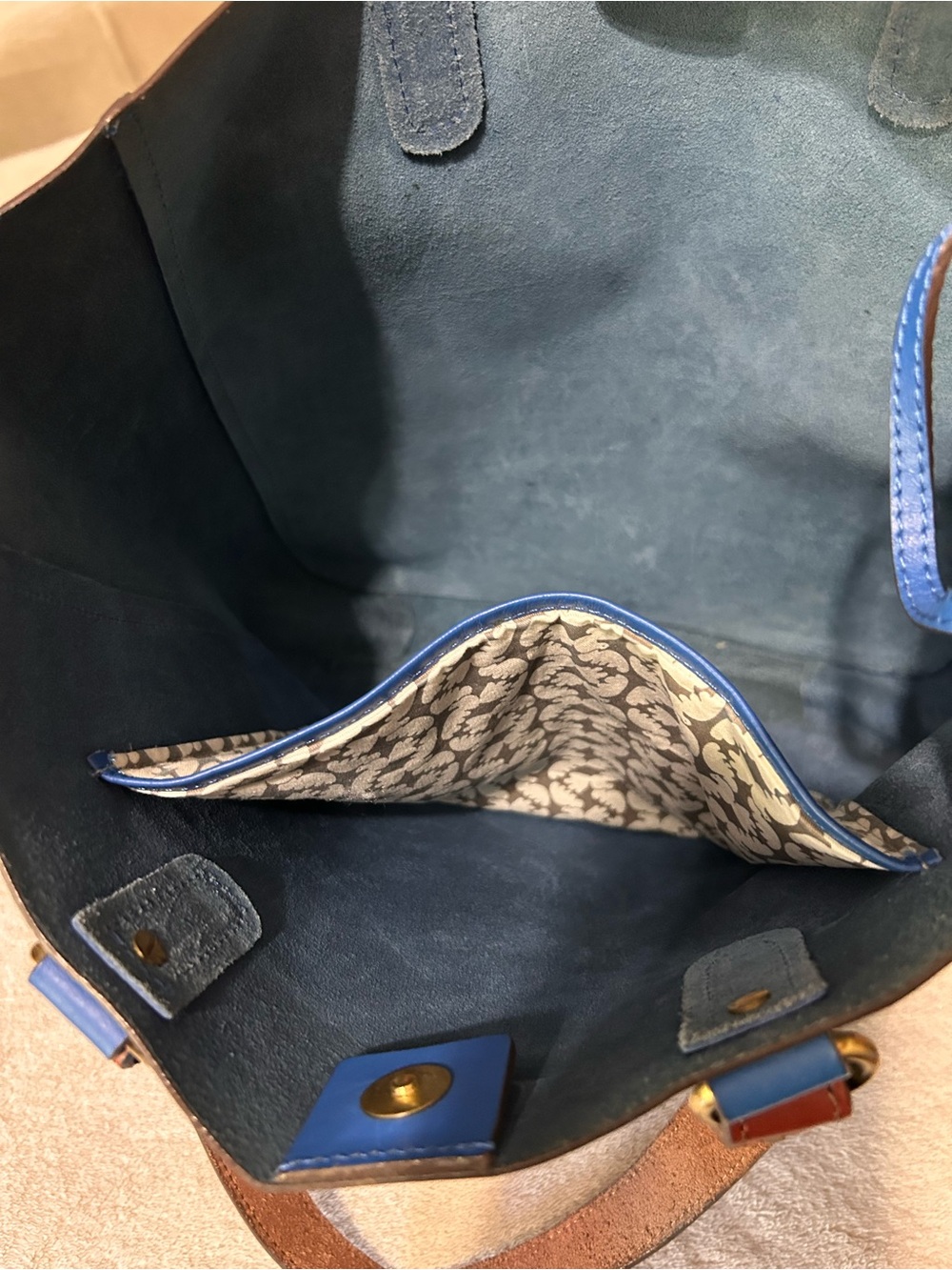 Boden Blue Leather Tote Brown Handles Snap Closure Unlined Pouch & Pocket - Picture 3 of 8